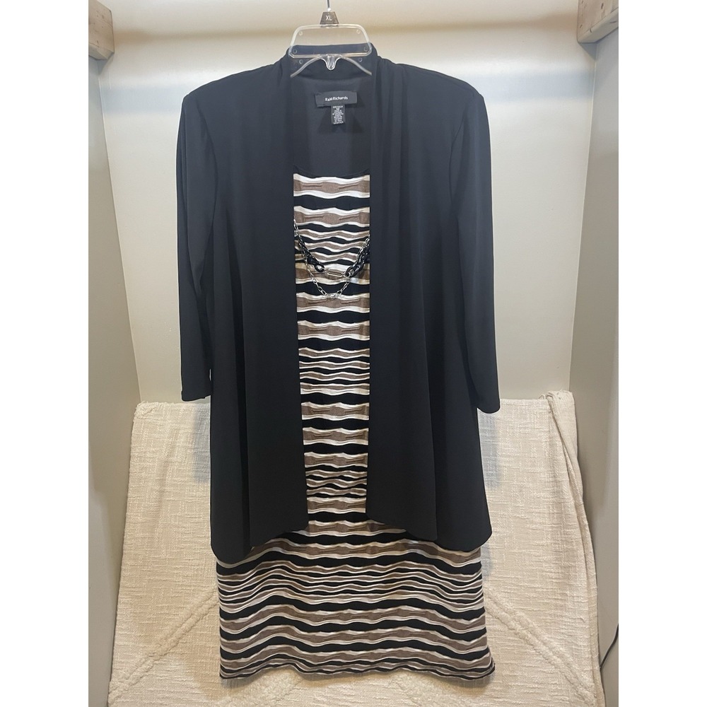 R&M Richards Textured Striped Black & Tan Dress & Jacket Set Lined 1 Piece Sz 12